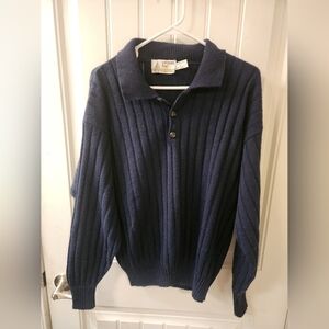 Vintage London Fog Ribbed Knit Sweater | Button Neck | Navy | Large